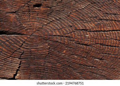 Macro Shot Of An Ancient Weathered Dark Brown Cracked Wood Beam Surface With Nice Rough Grain Texture.