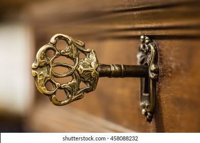 Macro Shot Of An Antique And Weathered Vintage Key In His Keyhole