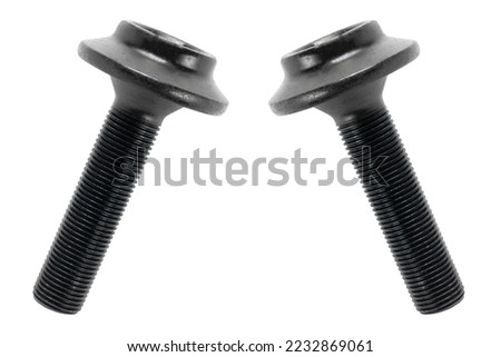 Macro shot black metal bolt isolated on white background. Chromed screw bolt isolated. Steel bolt isolated. Nuts and bolts. Tools for work.