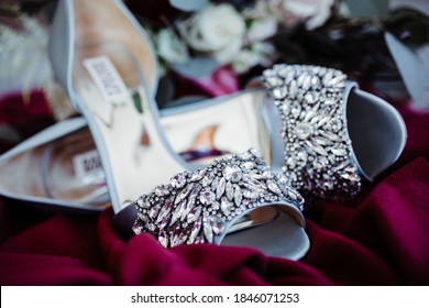 A Macro Shot Of Blue Wedding Shoes With Bling 