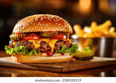 macro shot of a burguer on a wooden plate with fries at the back - Powered by Shutterstock