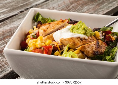 Macro Shot Of Chipotle Seasoned Homemade Chicken And Rice Bowl