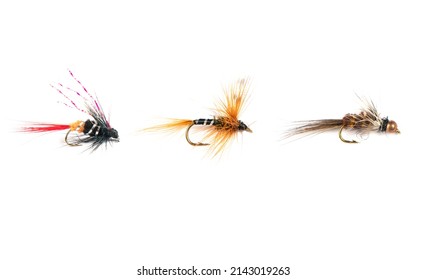 Macro shot colorful fishing fly isolated on a white background. Hand made fly fishing flies. Fluffy fly fishing hook isolated. - Powered by Shutterstock