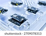 Macro Shot of Computer Processor Production Line print circuit board (PCB) in Bright Environment in Factory.