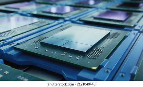 Macro Shot Of Computer Processor Production Line At Advanced Semiconductor Foundry In Bright Environment. Microchip Factory.