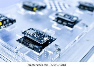 Macro Shot of Computer Processor Production Line print circuit board (PCB) in Bright Environment in Factory.