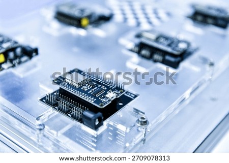 Macro Shot of Computer Processor Production Line print circuit board (PCB) in Bright Environment in Factory.