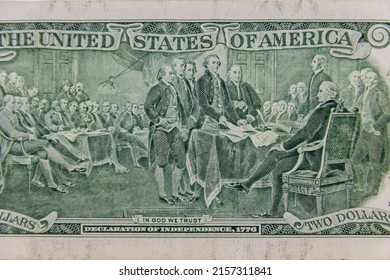Macro shot of the Declaration of Independence, 1776 drawing from the back of the two dollar bill - Shutterstock ID 2157311841