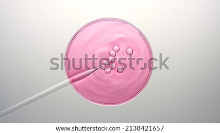 Macro shot of different sized air bubbles come out from chemical dropper and float on the surface of pink liquid in petri dish bursting on light grey background | Abstract cosmetics mixing concept