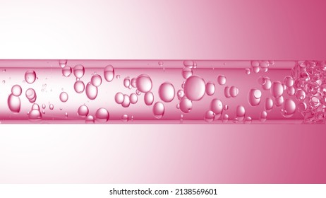 Macro shot of different sized clear bubbles flowing in glass tube with clear liquid on pale pink background | Abstract body care cosmetics mixing concept - Shutterstock ID 2138569601
