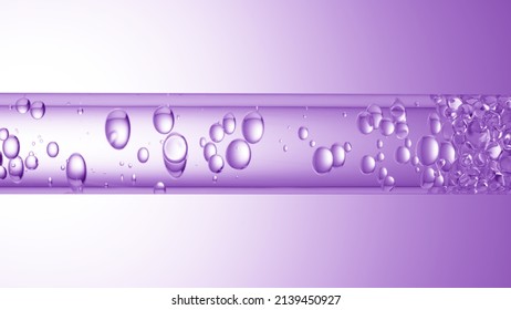 Macro shot of different sized clear bubbles flowing in glass tube with clear liquid on purple background | Abstract body care cosmetics mixing concept