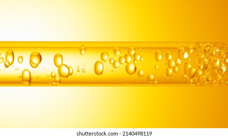 Macro Shot Of Different Sized Clear Bubbles Flowing Through Glass Tube With Clear Liquid On Yellow Background | Abstract Body Care Cosmetics Mixing Concept