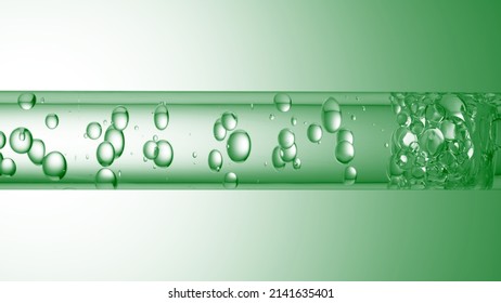 Macro Shot Of Different Sized Clear Bubbles Flowing In Glass Tube With Clear Liquid On Green Background | Abstract Body Care Cosmetics Mixing Concept