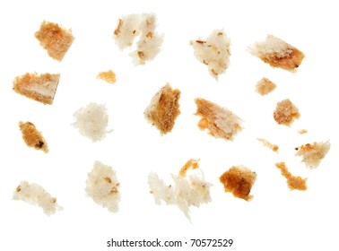 Macro shot of dried bread crumbs isolated on white