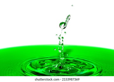 Macro shot of a drop collision on a green water surface.
