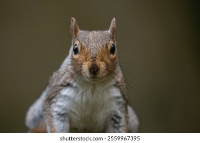 A macro shot of an Eastern gray squirrel looking at the camera against the isolated background