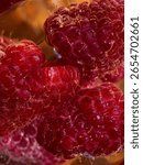 Macro shot of fresh raspberry falling into water with splashes and air bubbles, vibrant red berry underwater on blue background, refreshing summer concept.