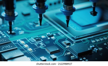 Macro Shot of Generic Printed Circuit board with Chips and other Components During Production Process . Electronics Manufacturing. Dark Environment