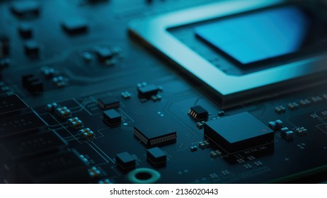 Macro Shot of Generic Printed Circuit board with Microchips and other Components During Production Process. Electronics Manufacturing. Dark Environment