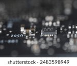 Macro shot of GPU board and microprocessors with sharp depth plane and blurring in front and background