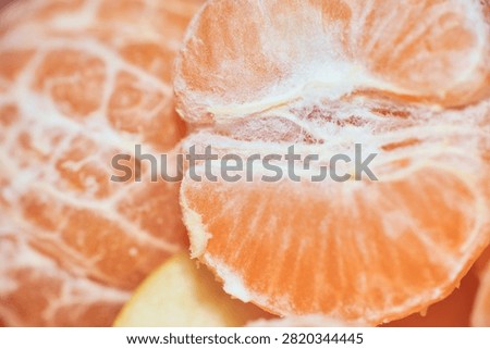 Macro shot highlighting the vibrant texture and sweet juicy vesicles of ripe peeled mandarin orange segments arranged together in a natural arrangement.