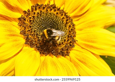 A macro shot of a honeybee pollinating a yellow sunflower - Powered by Shutterstock