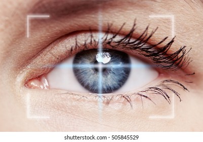 Macro Shot Of Human Blue Eye With Laser Rays . Concept Of Eyesight Verification, Diagnosis, Disease And Clinical Treatment. 