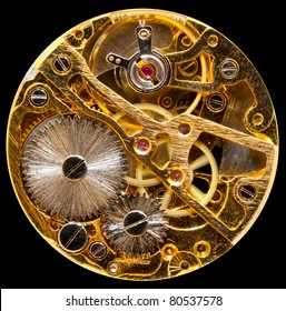 Macro shot of the interior of an old pocket watch with a hand-wound mechanical movement