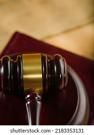 Macro Shot. Judge's Gavel On The Book - Holy Bible On A Wooden Background. Low Angle View. Fair Trial, Presumption Of Innocence, Constitution, Rule Of Law.