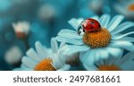 Macro Shot of Ladybug on a White Daisy Against a Blue Background