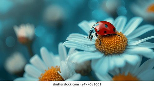 Macro Shot of Ladybug on a White Daisy Against a Blue Background