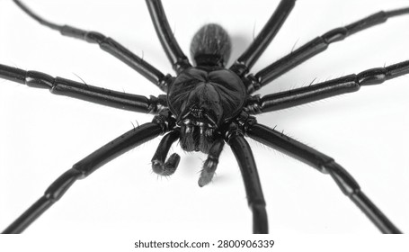Macro shot of a large, shiny black spider with long legs, captured in high detail against a clean, isolated white background.