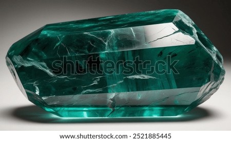Macro shot of a large, transparent emerald crystal on an isolated white background, showcasing intricate details and natural texture.