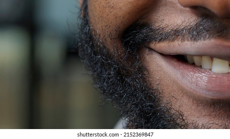 Macro Shot Of Male Model Moving His Lips And Showing Half Of Face On Camera, Feeling Confident About Facial Beard Trim. Person With Authentic Expression Having Natural Skin And Mouth. Close Up.