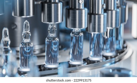 Macro Shot of Medical Ampoule Production Line at Modern Modern Pharmaceutical Factory. Glass Ampoules are being Filled. Medication Manufacturing Process.