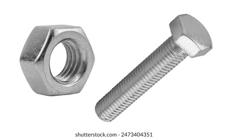 Macro shot metal bolt isolated on white background. Chromed screw bolt isolated. Steel bolt isolated. Nuts and bolts. Tools for work.