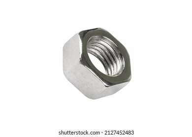Macro shot metal nut isolated on white background. Chromed screw nut isolated. Steel nut isolated. Nuts and bolts.