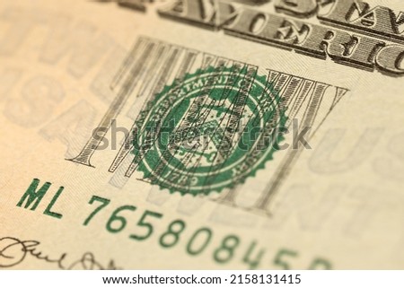 Macro shot with part of 20 US dollars bill. Twenty dollars banknote close up photo with high resolution. Money earnings, payday or tax paying period concept
