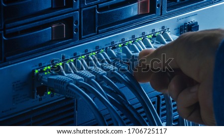 Macro Shot: Person Plugs in RJ45 Internet Connector into LAN Router Switch. Information Communication Network with Data Cables Connected to Modem Ports with Flashing Lights