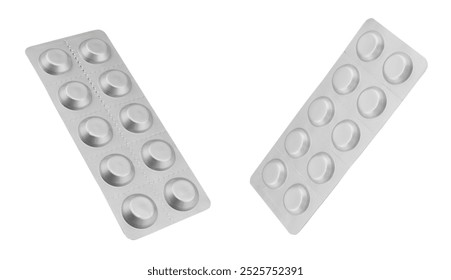 Macro shot pile of tablets pill in silver blister packaging isolated on white background. Aluminium foil blister pack. Pharmacy products. Medicine pills and drugs close up. Pills background