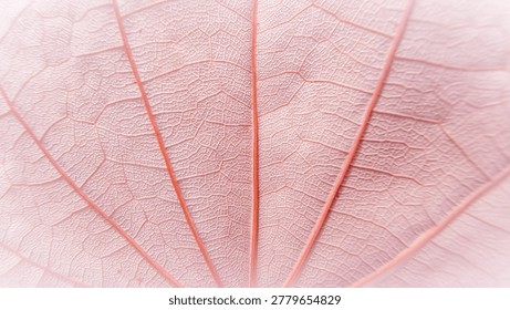 Macro shot of pink leaf texture with elegant vein patterns, soft bright natural background, abstract organic detail for design.
