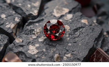 Macro shot of a single deep red garnet crystal, showcasing its rich color and intricate details, perfect for jewelry or geology-focused projects.