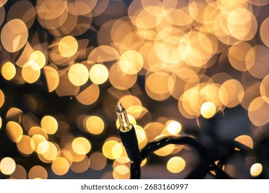 Macro shot of a single string light bulb with a warm golden bokeh background, creating a dreamy and festive ambiance.
