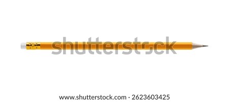 Macro shot of a single yellow graphite pencil with eraser on white background. Perfect for stationery and educational needs.