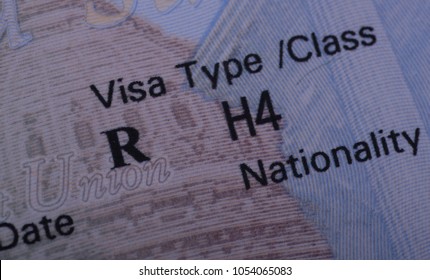 Macro Shot Of Stamp USA H4 Non Immigrant Visa (for Dependents Of H-1B Visa) In Passport.  