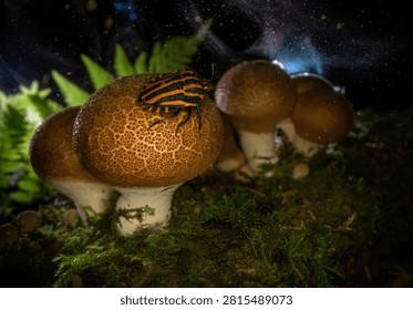 Macro shot of a striped bug resting on wild forest mushrooms.