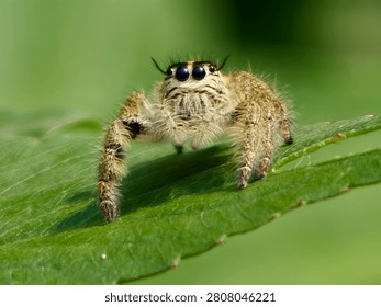 Macro shot of a tiny jumping spider (Salticidae) looking directly at the camera on a green leaf