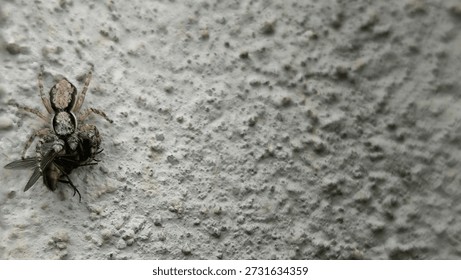 Macro shot of a tiny predator spider capturing a fly prey on a gray textured wall background.