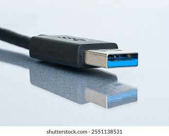 Macro shot of type A USB 3 connector isolated on white background with reflection