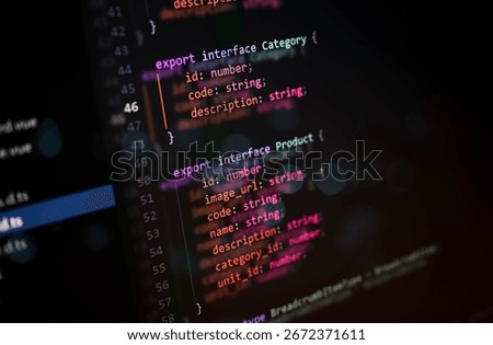 Macro shot of TypeScript code structure on black background, illustrating software interface definitions for product and category, perfect for tech, coding, and backend development visuals.